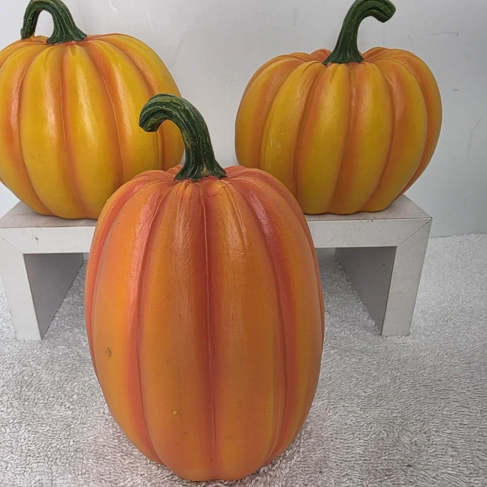 Set Of 3 Light Up Battery Orange Pumpkins Welcome Hello Fall Season Give Thanks